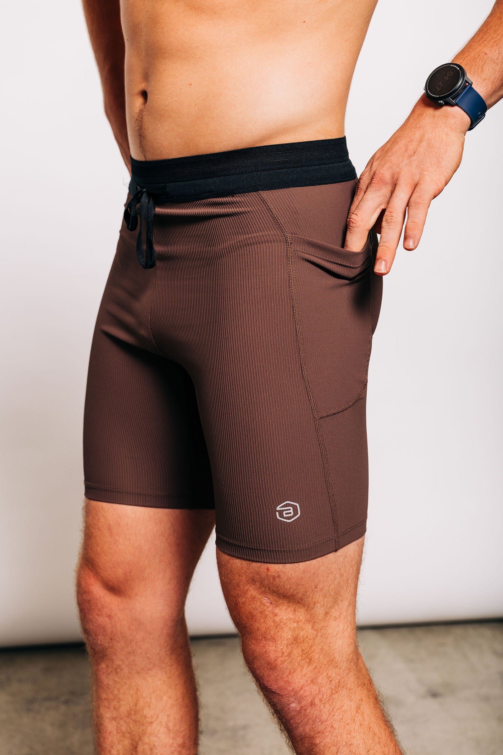 Men's Ribbed Half Tights in Coffee Bean - close-up of side pocket
