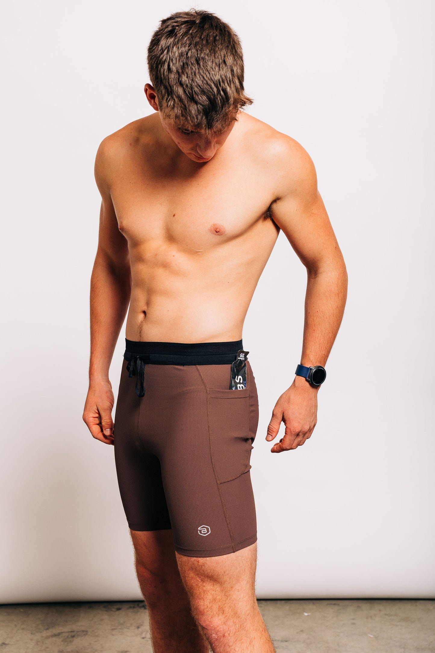 Men's Ribbed Half Tights in Coffee Bean - waistband pocket