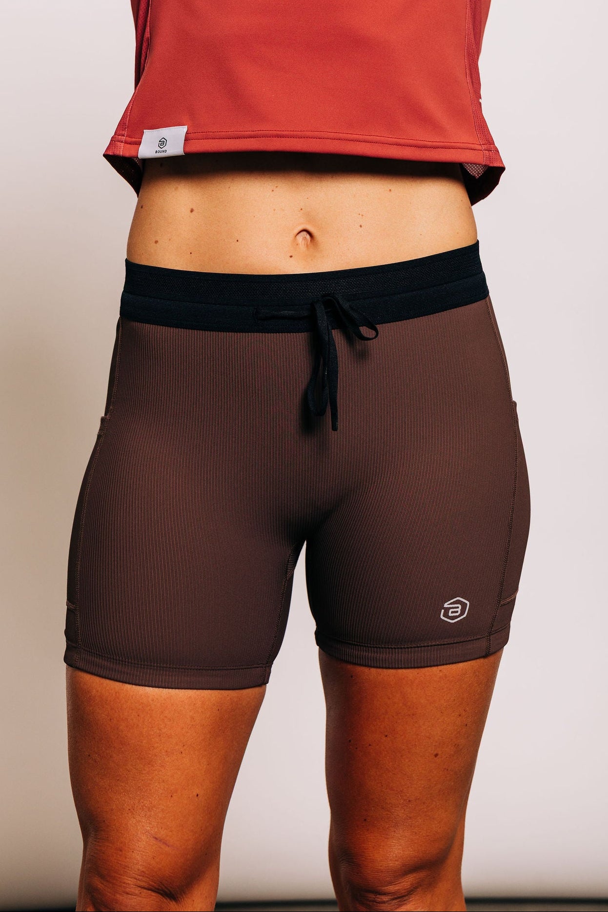 Women's Ribbed 5" Tight in Coffee Bean, front view with drawstring waist