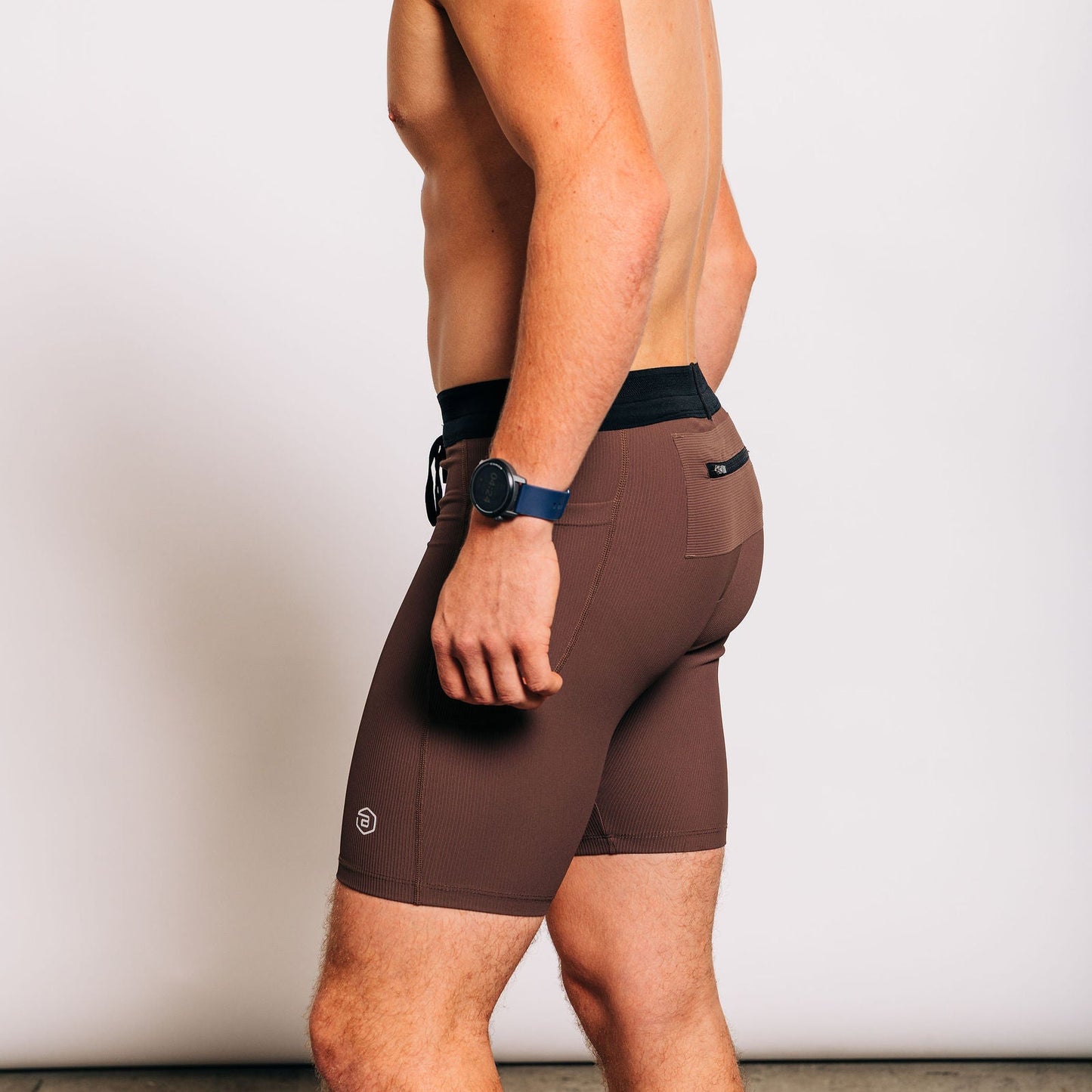 Men's Ribbed Half Tights in Coffee Bean - side and back view