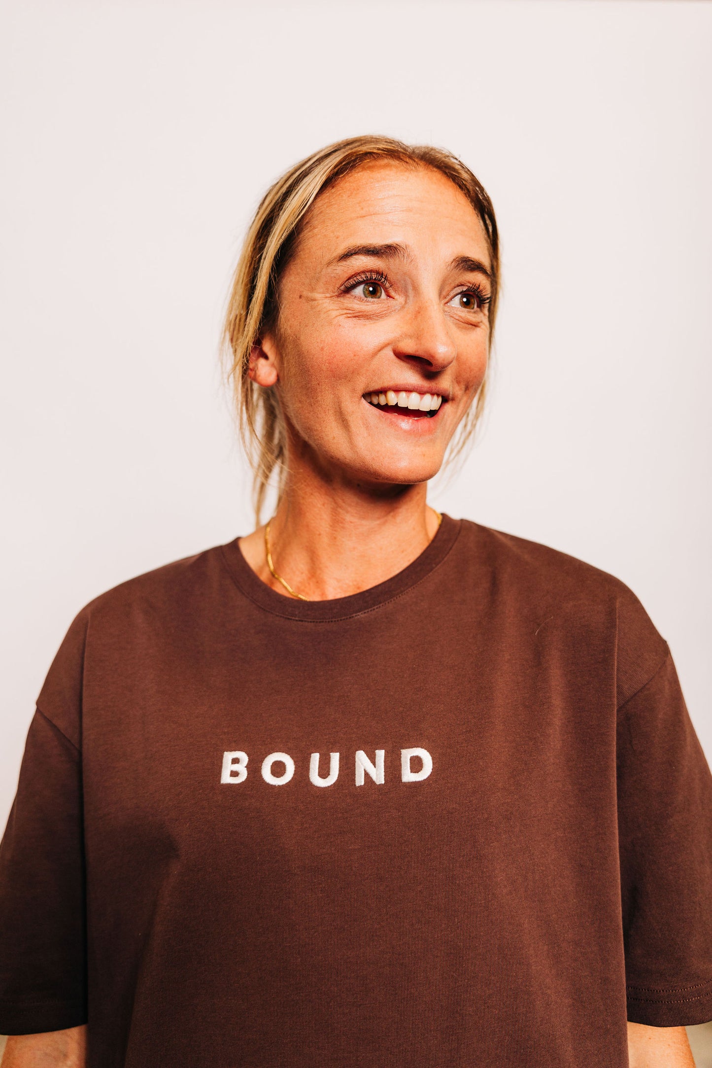Close-up of the Off-Day Tee's heavyweight cotton, crew neckline and BOUND chest print