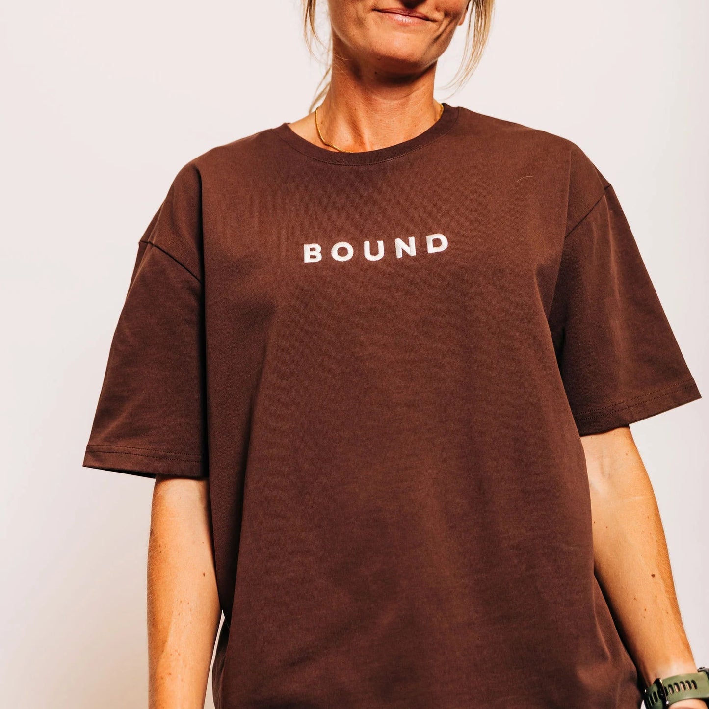 The Off-Day Tee in brown, front close-up showing the heavyweight cotton and boxy oversized fit