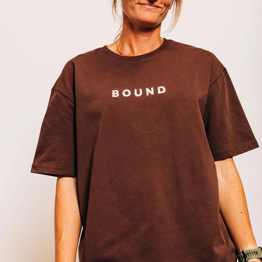 The Off-Day Tee in brown, front close-up showing the heavyweight cotton and boxy oversized fit